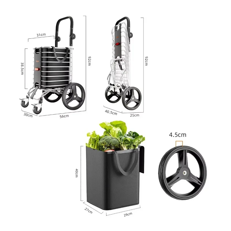 Aluminum Alloy Hand Pull Cart, 25cm Oversized Wheels, 50KG Max Load, Portable Shopping Trolley for Grocery & Household