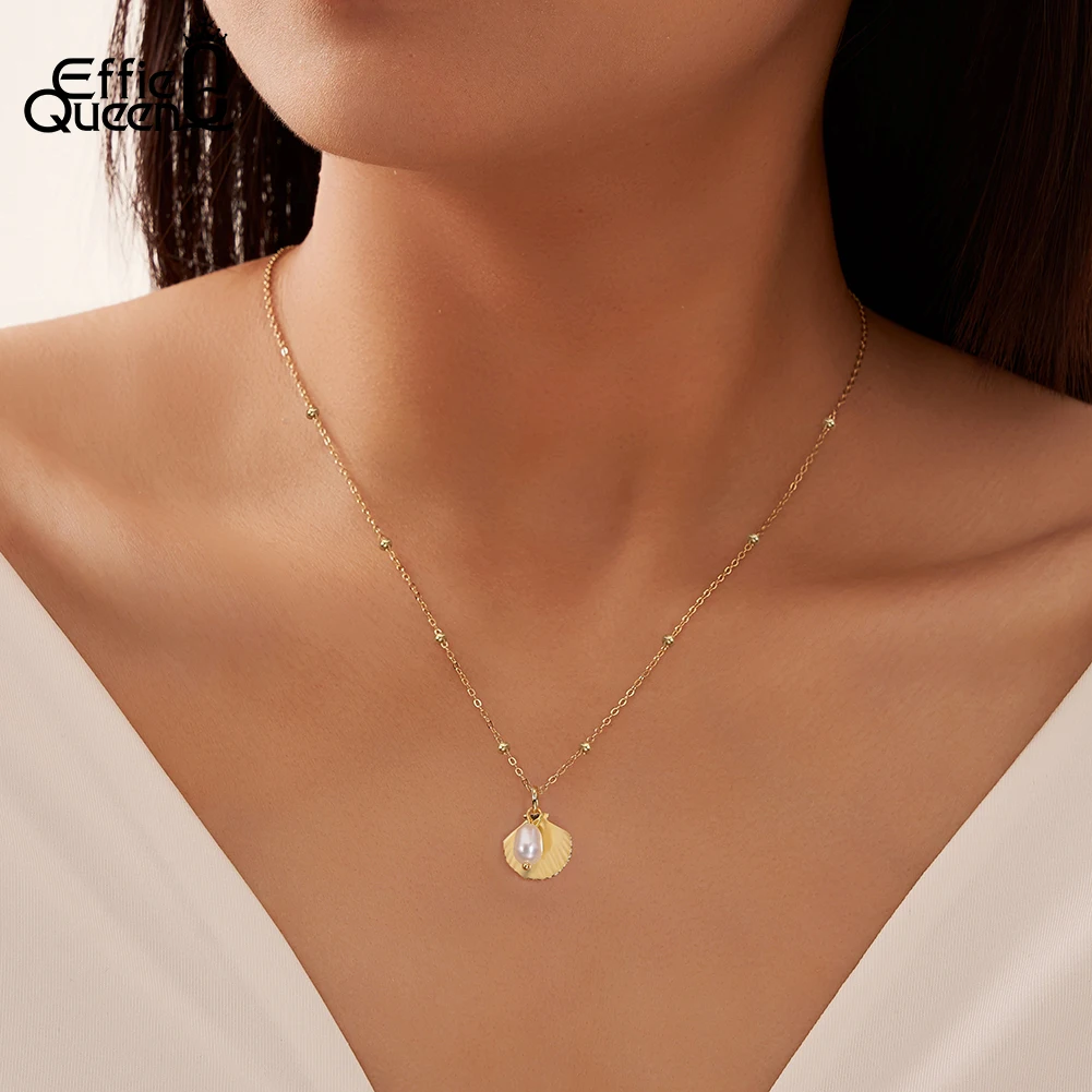 EFFIE QUEEN 925 Silver Conch Pendant Necklace with Natural Pearl for Women Girl Shell Chain Necklace Summer Sea Beach Gift GPN83