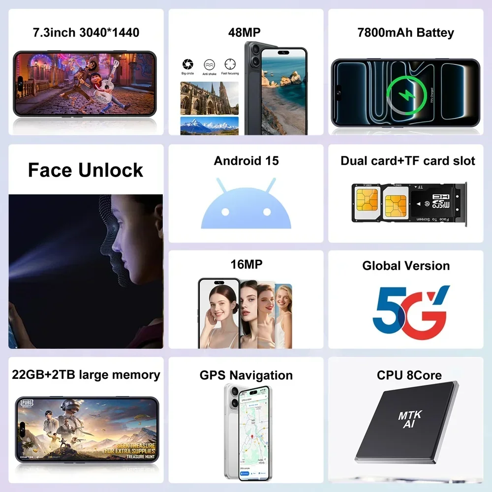 K-Touch NEW M18 Pro Max Mobile Phones Android 15 Smartphone 7.3 Inch 5G Dual SIM Cell Phone 22G+2TB 16+48MP Camera 7800mAh Face Unlocked Global Version Cellphones