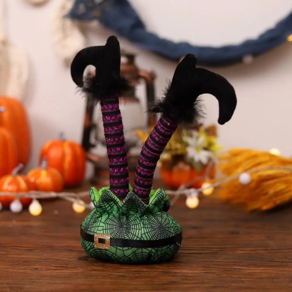 Adornos decorativos de patas de bruja para Halloween, paño de algodón al revés, pies voladores de bruja, púrpura/verde suave