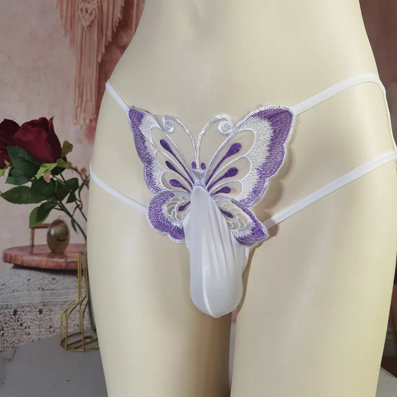 Men Sheer Thong G-String Egg Wrapped Peni Sleeve Thong Hollow Underwear Sexy Lace See Through Lingerie Butterfly Erotic Hombre