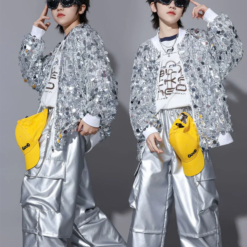 

Костюм для детей в стиле хип-хоп: блестящая куртка с пайетками, серебристые брюки-карго, укороченный топ в стиле K-pop, джазовая одежда, уличный костюм для мальчиков и девочек