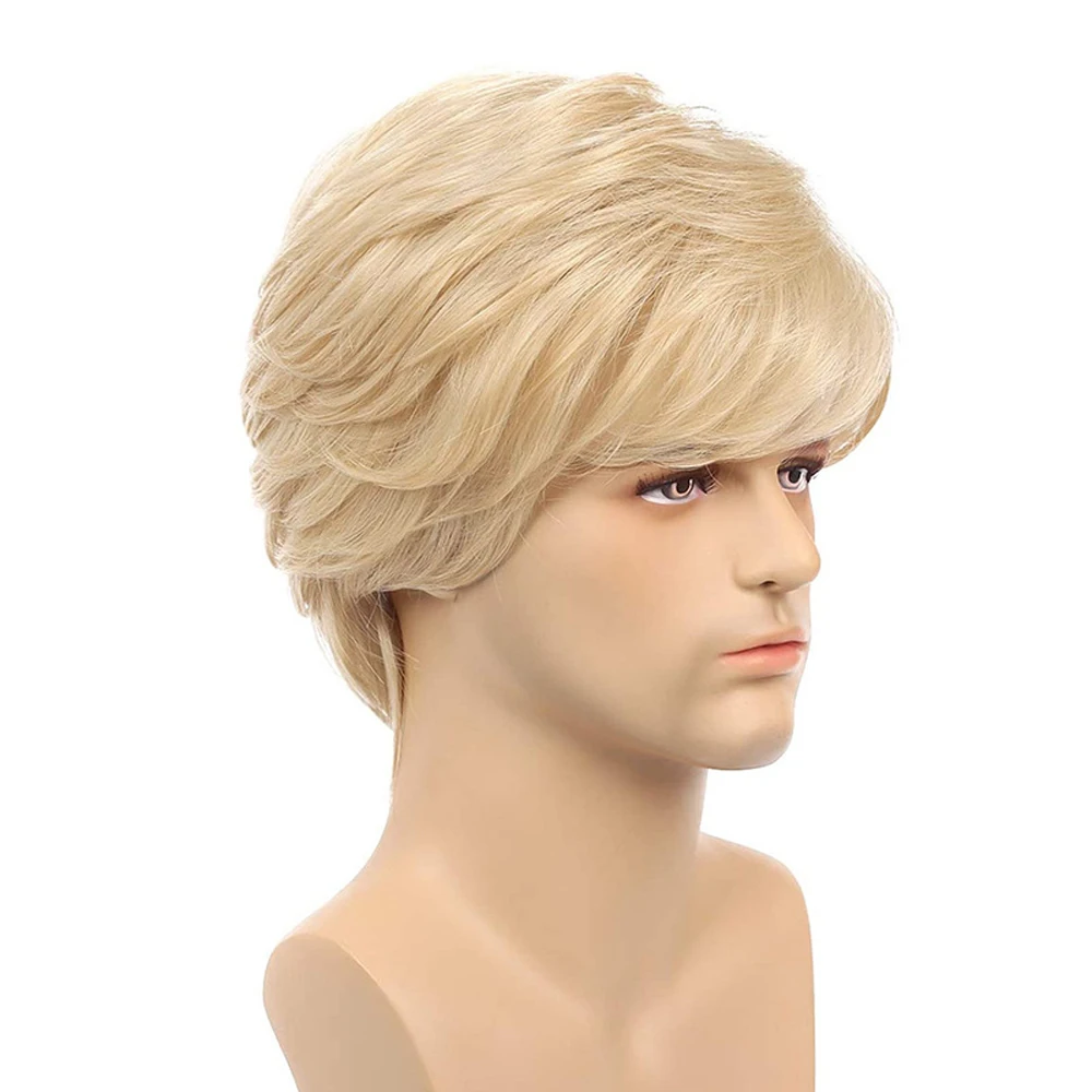 HANEROU Men\'s Short Wigs Blonde Synthetic Straight Natural Fluffy Hair Wig Heat Resistant for Daily Party Cosplay