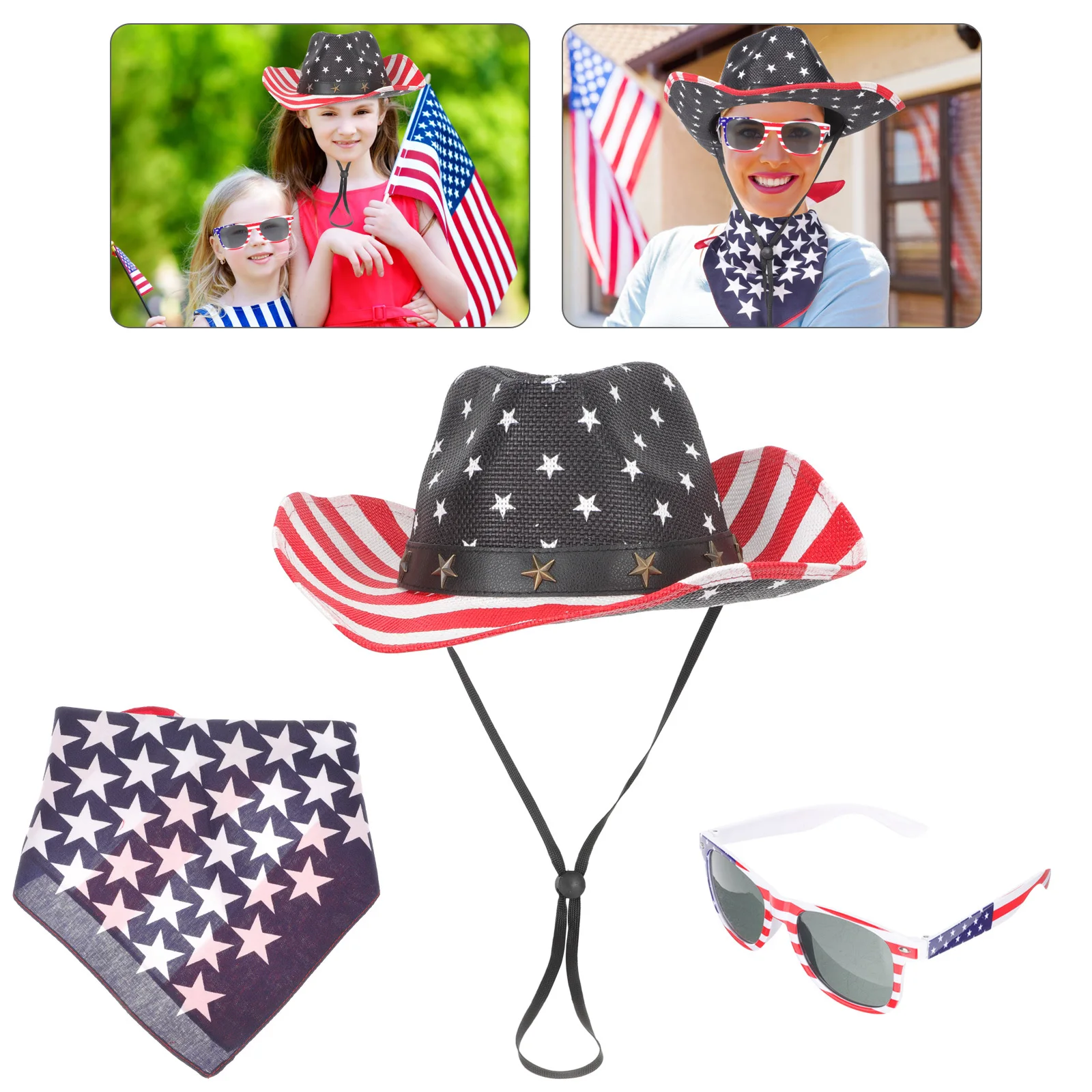 

1Set Cowboy Hat Glasses Scarf Set American Flag Wide Brim Summer Sun Blocking Party Props Independence Day Festival Usa Hat
