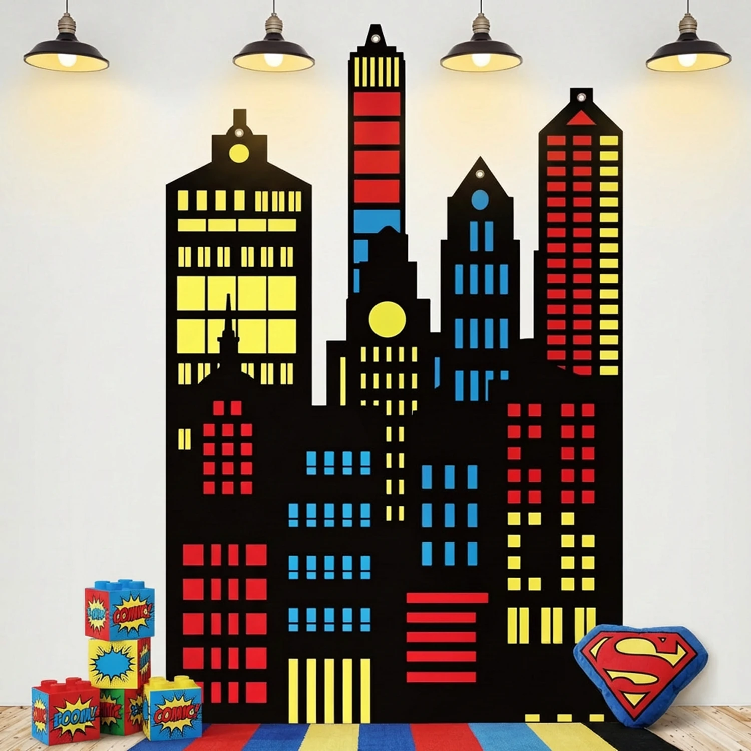 Großer Cartoon-Helden-Stadt-Skyline-Hintergrund, Wolkenkratzer-Party-Dekoration, ausgehöhltes Helden-Design, Geburtstagsparty-Geschenk – Detail 4