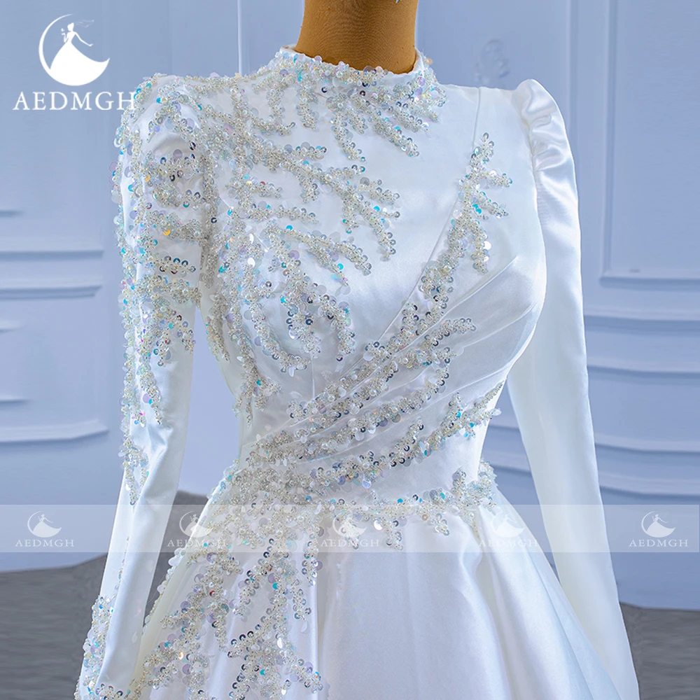 Aedmgh a-line abiti da sposa principessa 2024 collo alto manica lunga Robe De Mariee elegante perline paillettes raso Vestido De Novia