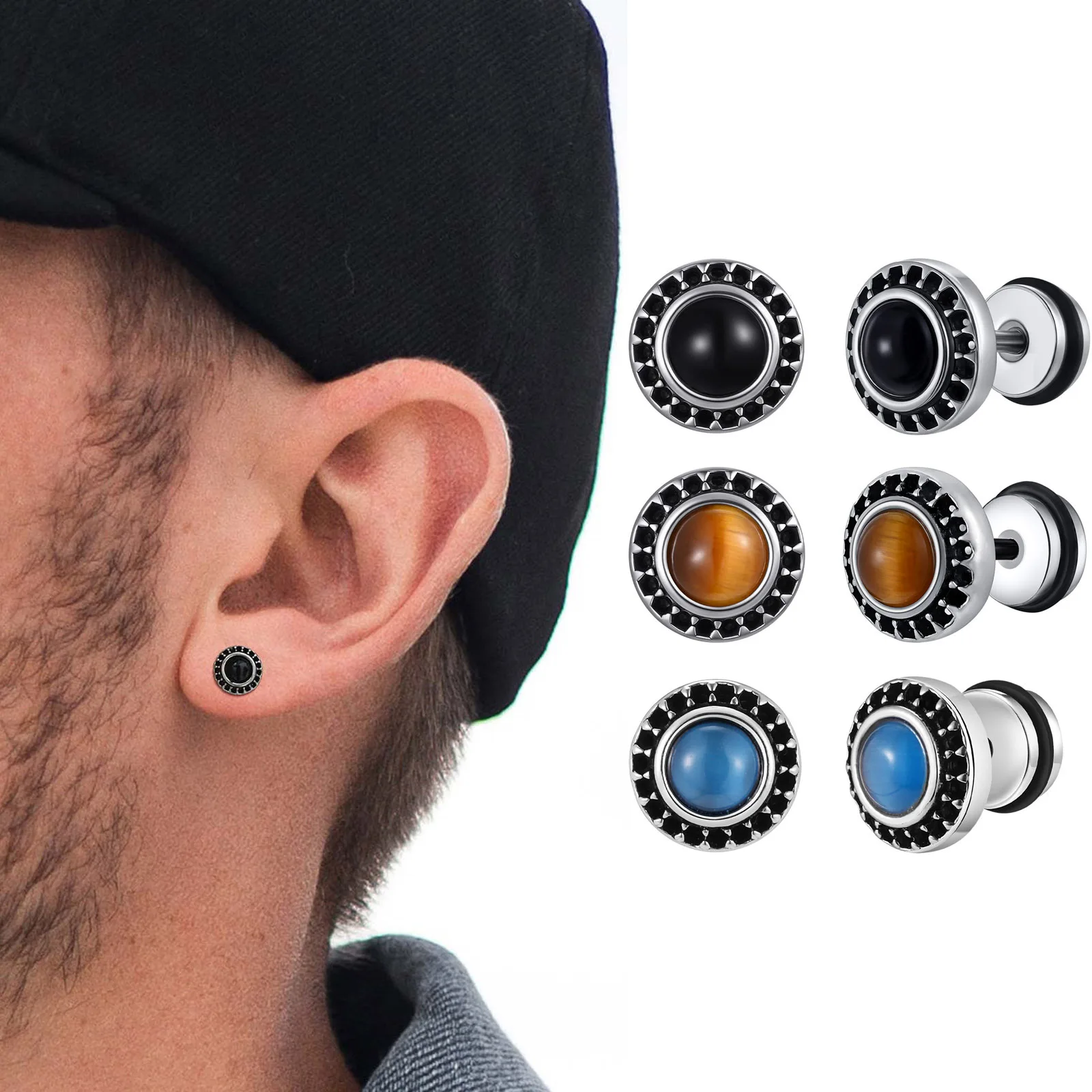 

Punk Natural Stone Stud Earrings for Men Boys,Tiger Eye Stone Black Small Zircon Round Earrings,New Simple Ear Jewelry Gifts