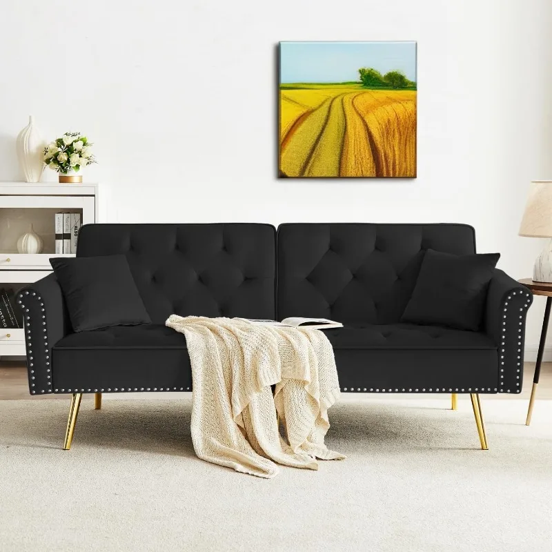 

Velvet Sofa Bed, Convertible Folding Sleeper Couch with 2 Pillows, 70" Tufted Loveseat Recliner with Golden Metal Legs 2204black