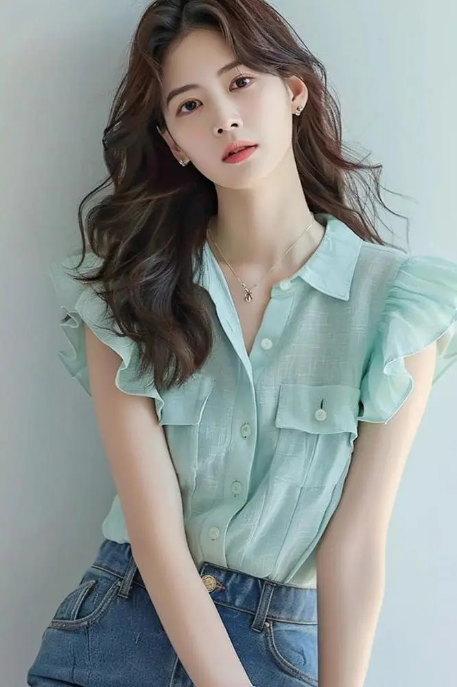 

Stylish and Chic Polo Collar Chiffon Summer New Style Flutter Sleeve Top Simple Single Row Button Shirt