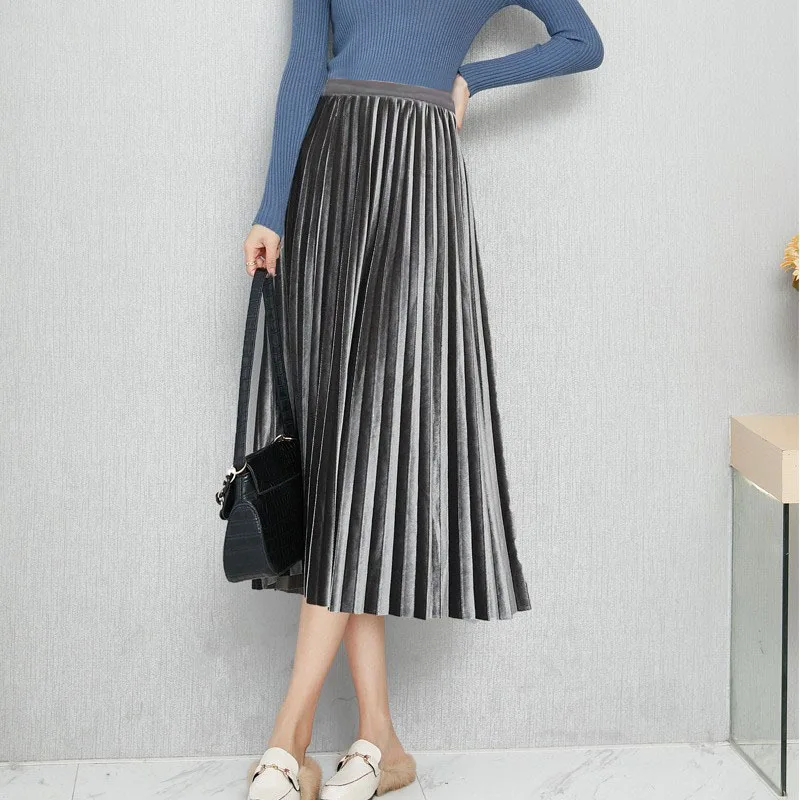 

Gold Velvet Skirt 2025 Spring and Autumn Skirt for Women Pleated Skirt High Waist Slim Long Skirt A-line Skirt