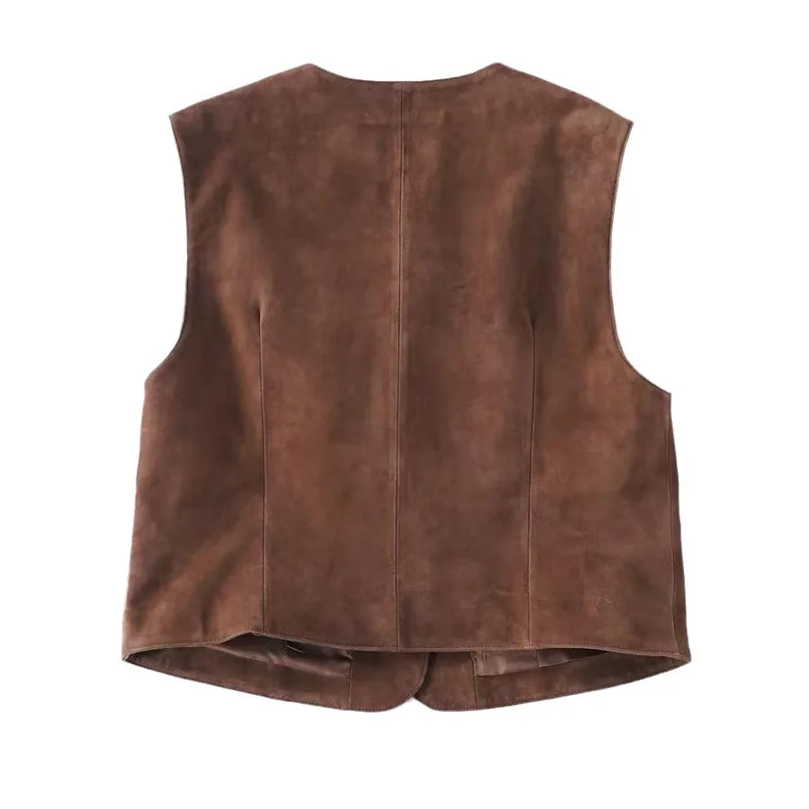 2024 Women Fashion New Genuine Sheepskin Leather Vest Maillard Retro Suede Vest E10