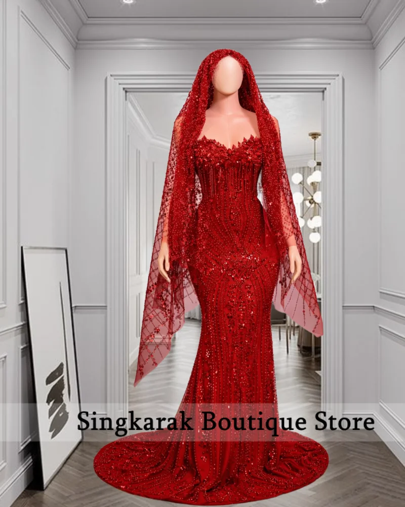 Red Rhinestone Matching Cape Veil Women Mermaid Prom Dress Formal Wedding Eveing Party Gown Customized
