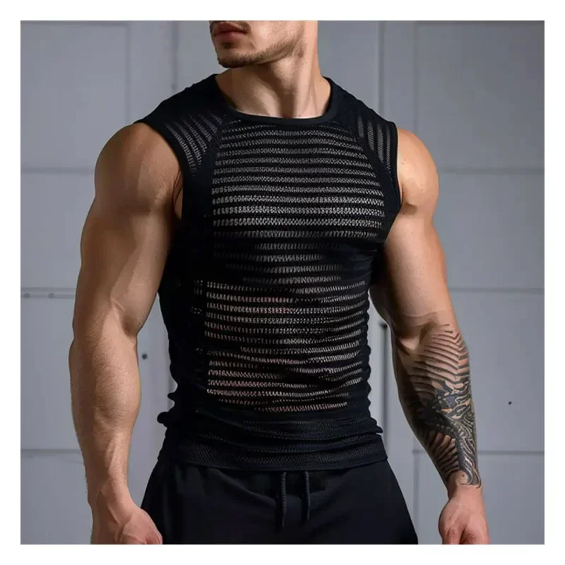 Sexy Cutout Mesh Men\'s Black Vest Male Sleeveless T-shirt Men\'s See-through Striped Vest Summer Sleeveless Tee Tank Top Man Tops