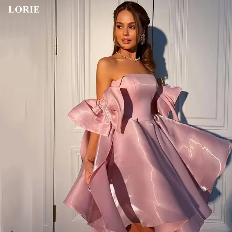 

LORIE Solid Mini Shiny Satin Evening Dress Bow Off The Shoulder Waist-Cinching Party Dress Pretty A-Line Ball Gowns Customized