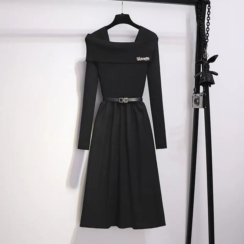 Vestido suéter adelgazante Y2K elegante a la moda para mujer, vestido de punto liso con hombros descubiertos de estilo francés, otoño 2025