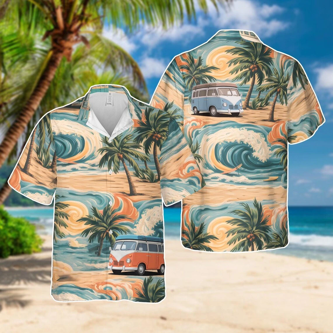 

Men Retro Camper Van Hawaiian Shirt Summer Casual Button Down Beach Shirt Tropical Palm Tree Aloha Shirt For Holiday Vacation