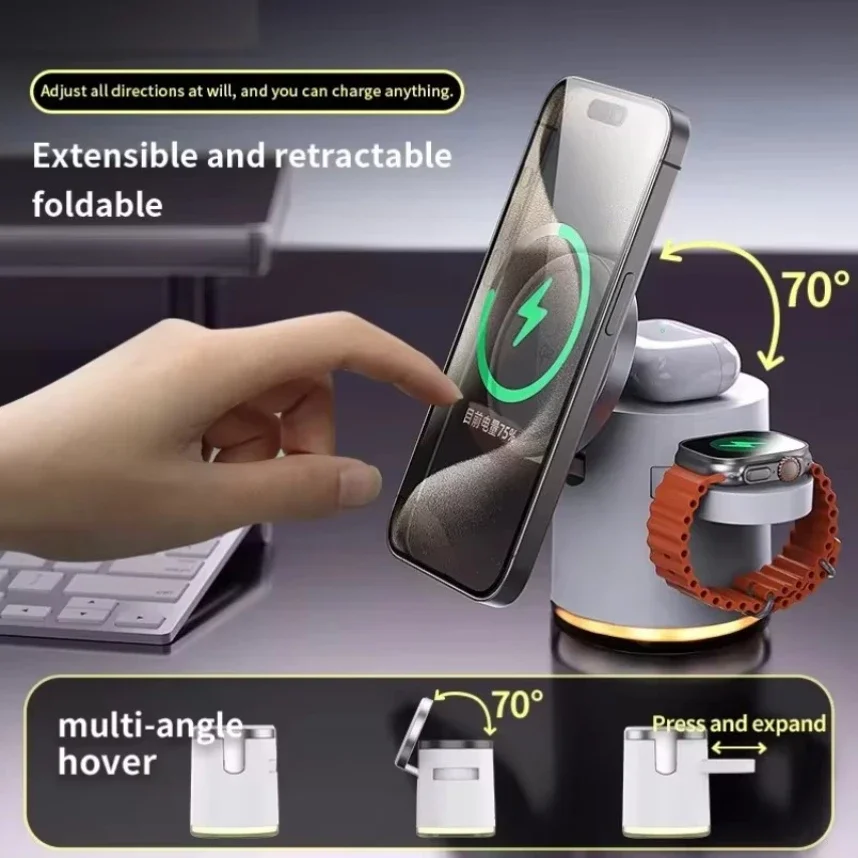 

Новое беспроводное зарядное устройство Qi2 3-в-1, станция быстрой зарядки, складной держатель для iPhone 16, 15, 14 Pro Max Airpods Apple Watch