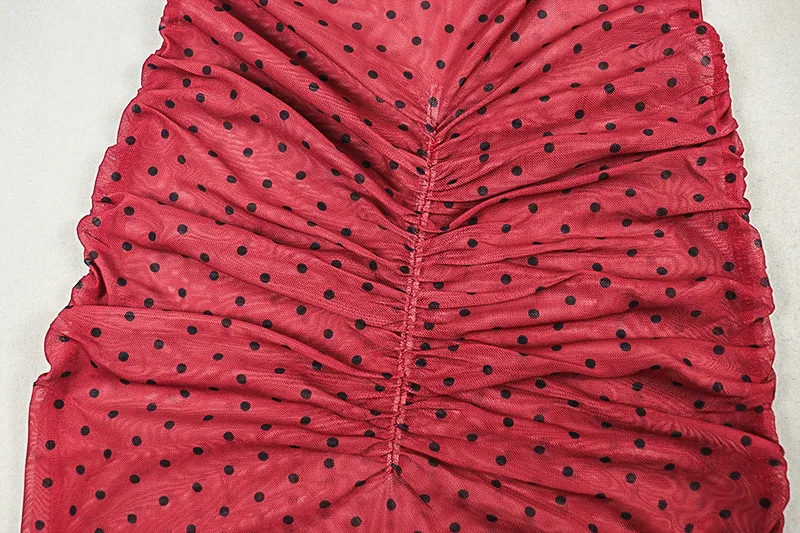 Ruched انظر من خلال شبكة منقطة طباعة Bodycon ماكسي فستان الحفلات المرأة مثير س الرقبة مضيئة كم سليم ثوب مسائي رداء طويل #5