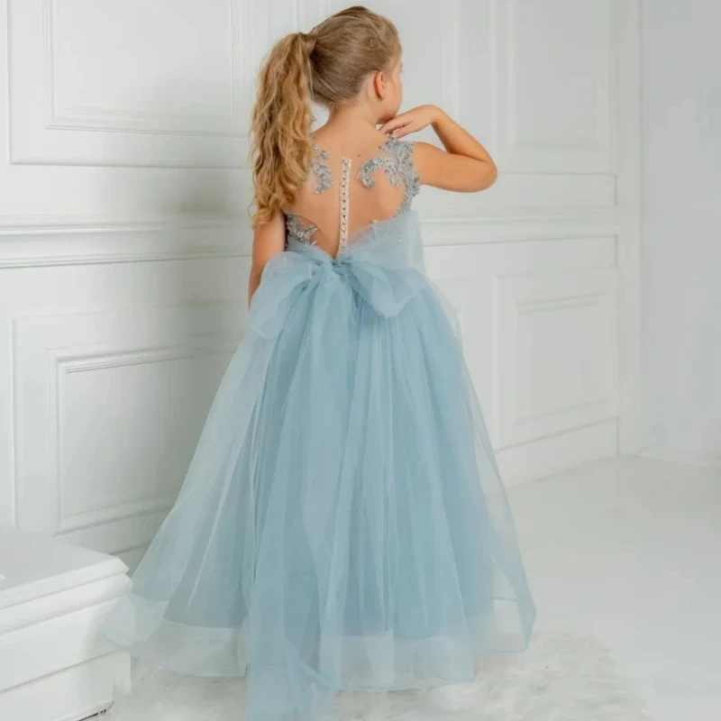 Gray And Blue Flower Girl Dresses Tulle Puffy Appliques Sleeveless For Wedding Birthday Party First Communion Gowns