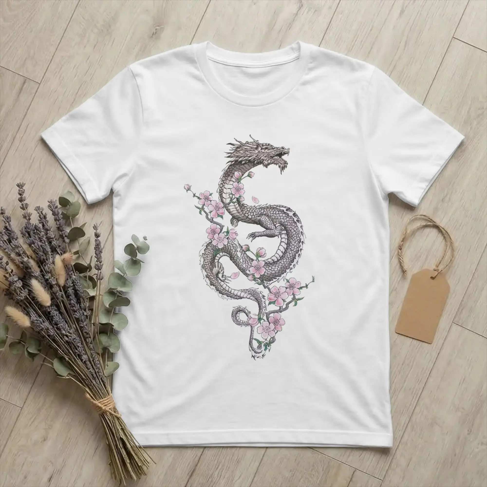 Japanese Cherry Blossom Dragons Flowers T Shirt Men's Vintage T-Shirts O Neck Art Tee Shirt Short Sleeve merchandise Printing