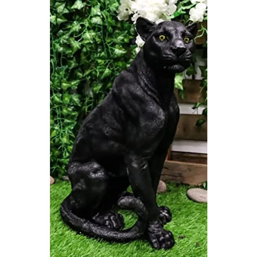 Home and garden patio decorative realistic sitting black panther statue, resin, black, 20.5-inch tall wildlife sculpture with g
