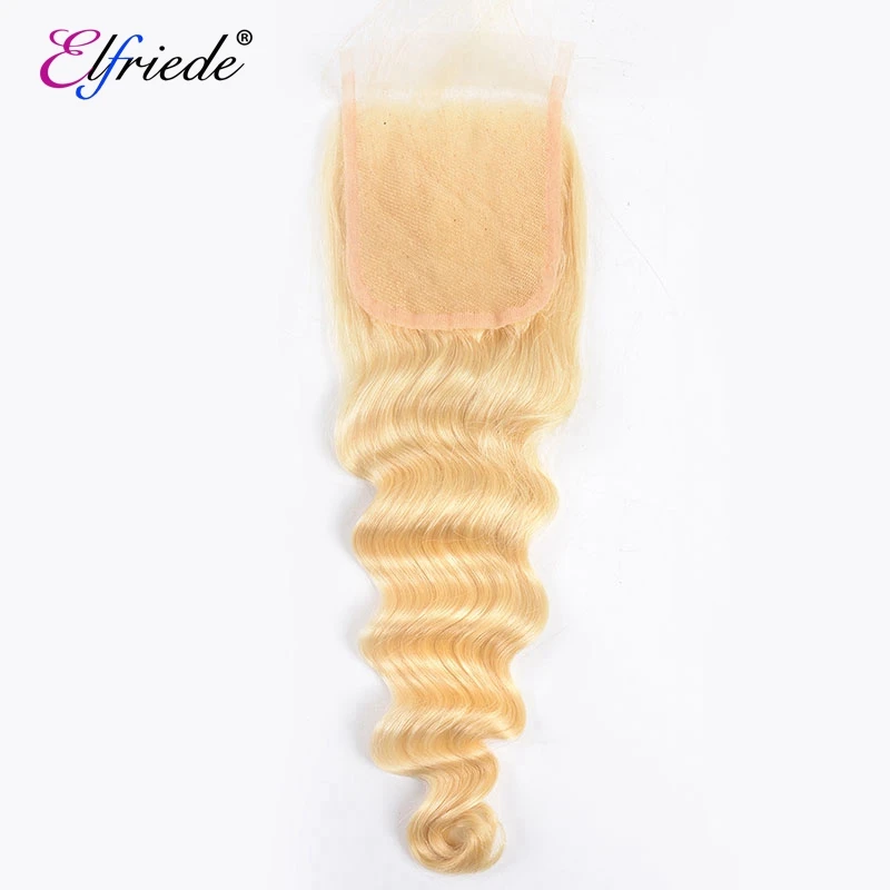 Tissage en lot Deep Wave brésilien naturel avec closure-Elfriede, cheveux humains, blond #613, avec lace closure transparente 4tage, lots de 3