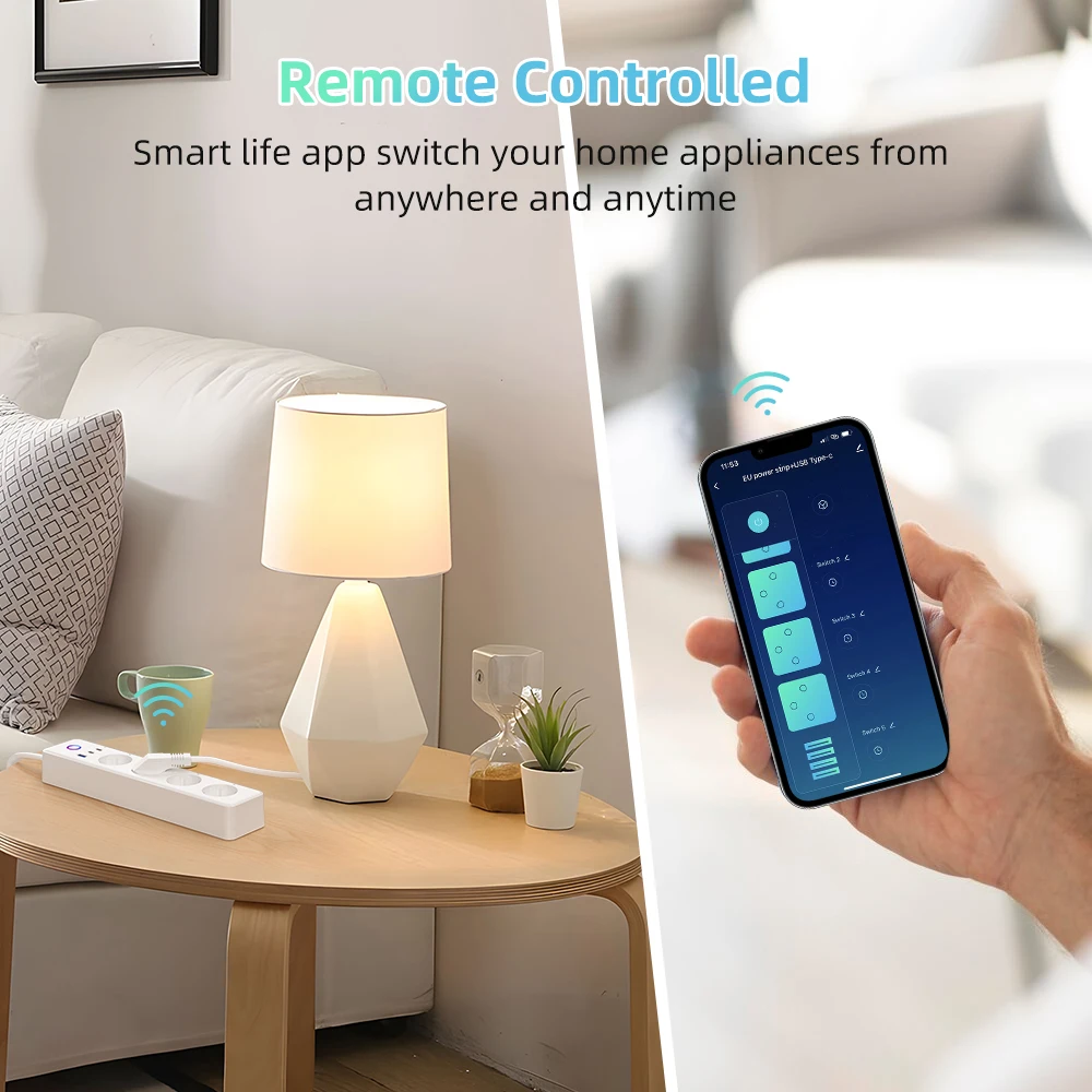 AVATTO Tuya WiFi Socket Power Strip With 4 Plug 1 USB 2 Type-C 1.5m AC Power Travel Adapter Multiprise Extension Power Strip