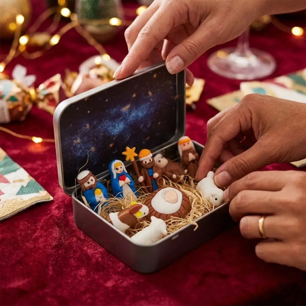 Metal Tin Box Mini Christmas Trough Set Holy Family 3D Printed Xmas Manger Ornaments Shepherd Animal Hand Painted
