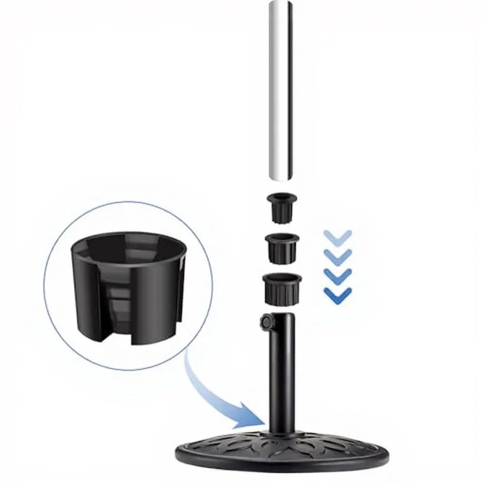 Umbrella Stand Mounting Accessory with Stepwise Reducing Inserts and Repeatable Fixing Screw Adjustment for All-Season Use