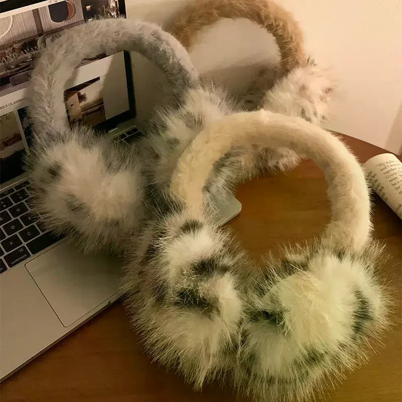 

Корейские плюшевые меховые наушники с леопардовым принтом, женские модные универсальные утолщенные наушники, зимние ветрозащитные теплые велосипедные наушники