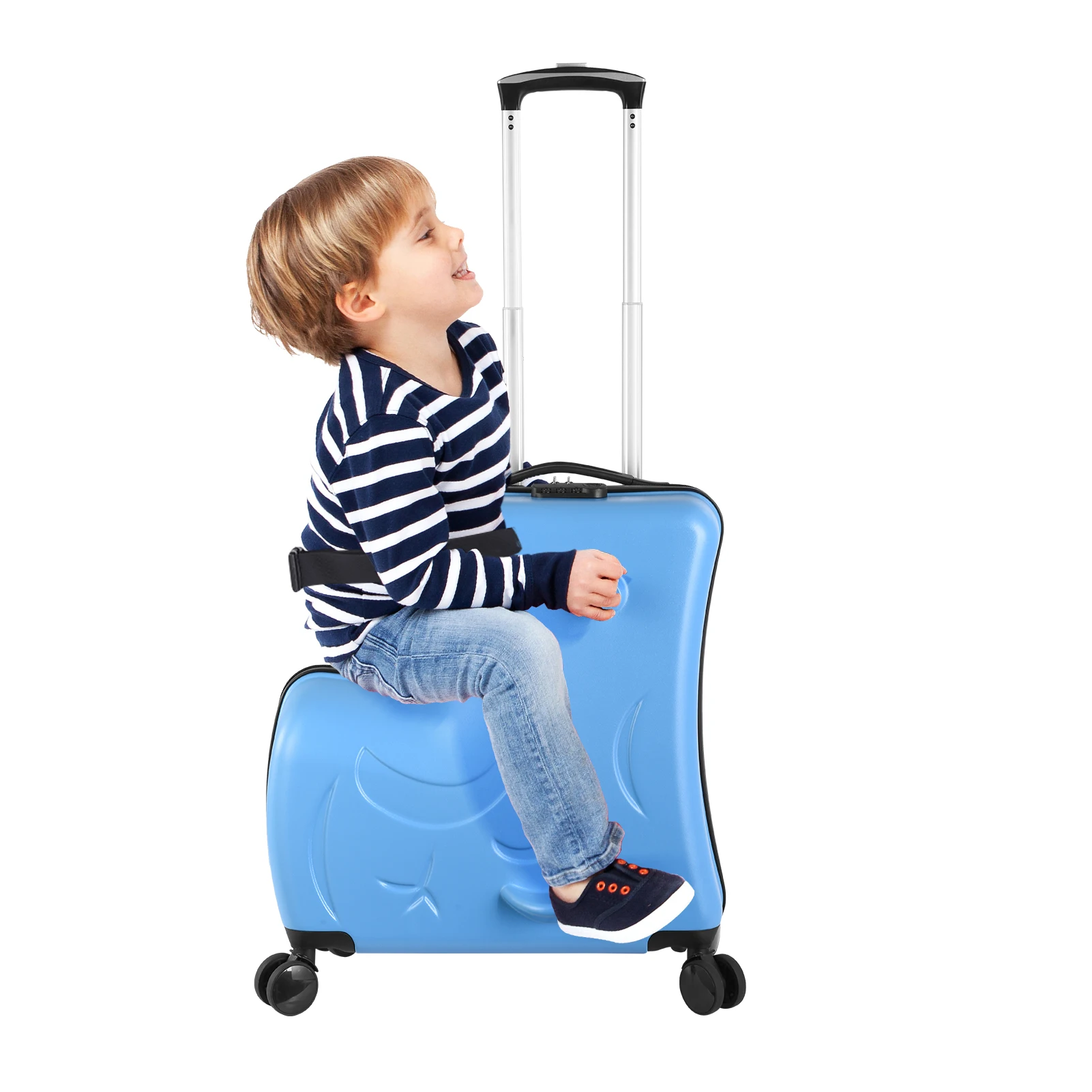 Kids Ride on Luggage for Aged 3-6, Toddler Luggage with Seat,Rolling Luggage with Spinner Wheels ,Suitcase Carry Trolley with Password Lock,with Safety Belt, Airplane Travel (Blue)