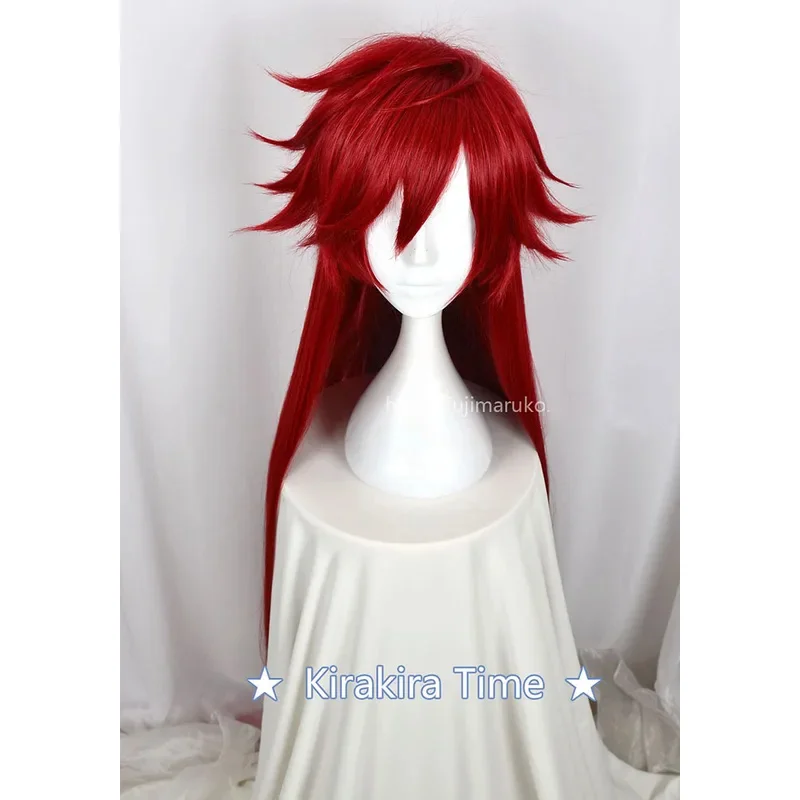 LQKuroshitsuji 블랙 버틀러 그렐 수틀리프 레드 롱 스트레이트 내열성 헤어 코스프레 의상 가발 + 해골 체인 안경