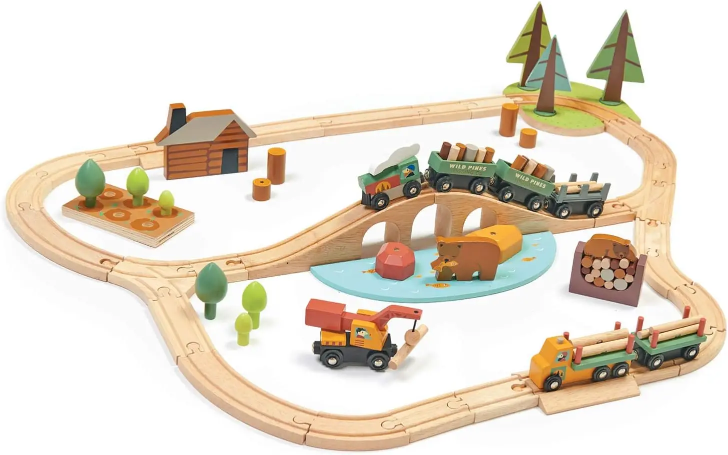 

Wild Pines Train Set - 95 Pieces Wooden Train & Bridge Set for Kids, Toddler Boys & Girls - Compatible with Most Toy Trains - Ag