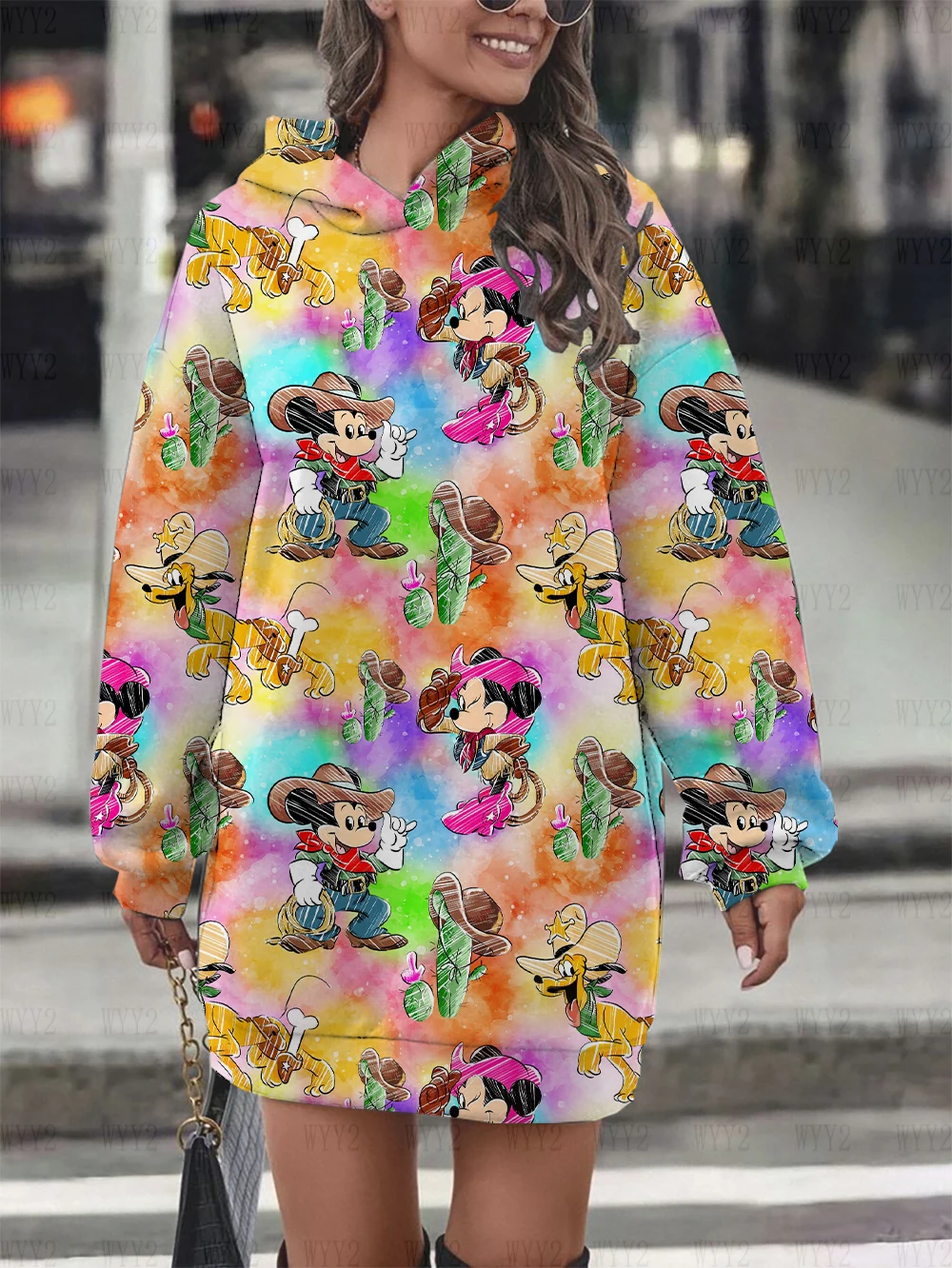 New Disney cartoon pattern series printed fashionable women 2024 loose hooded skirt dress retro hoodie