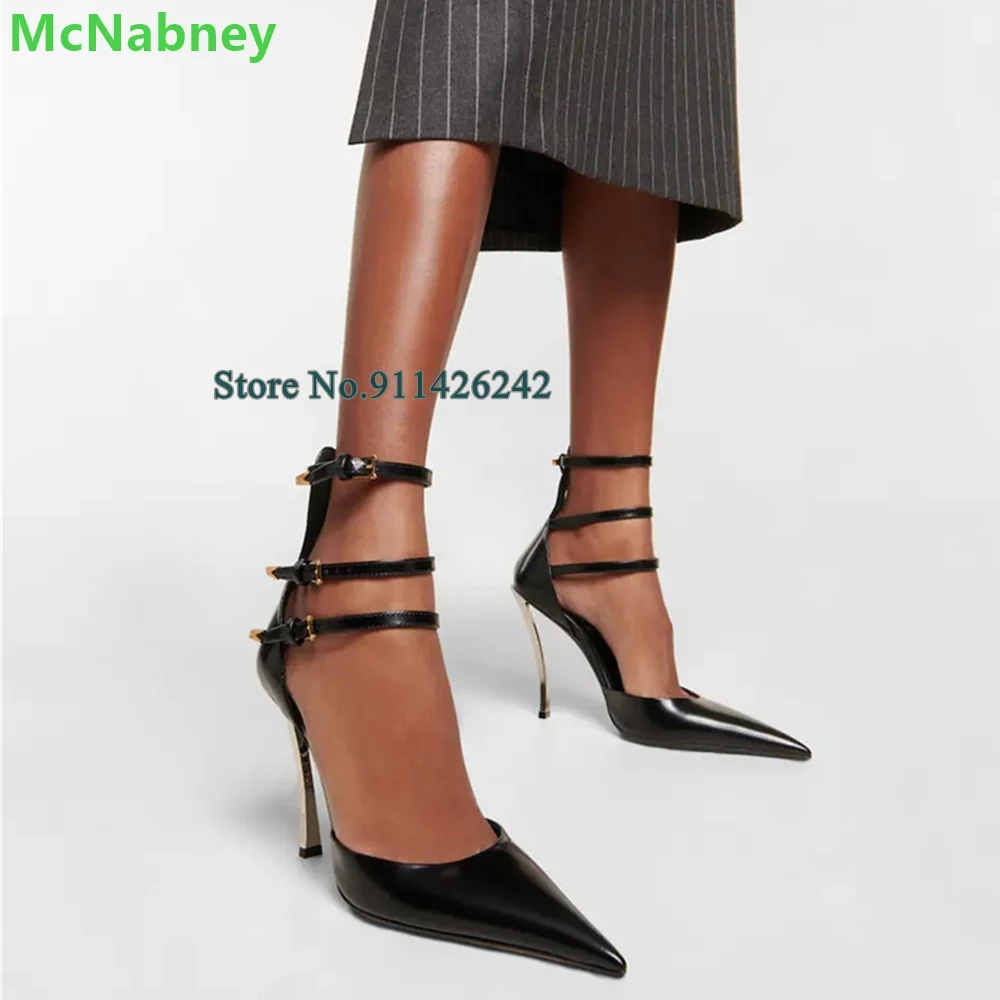 Ankle Buckle Design Metal Thin High Heel Pumps For Female Women Pointed Toe Sexy Hollow Leather Fabric Fashion Elegant Shoes