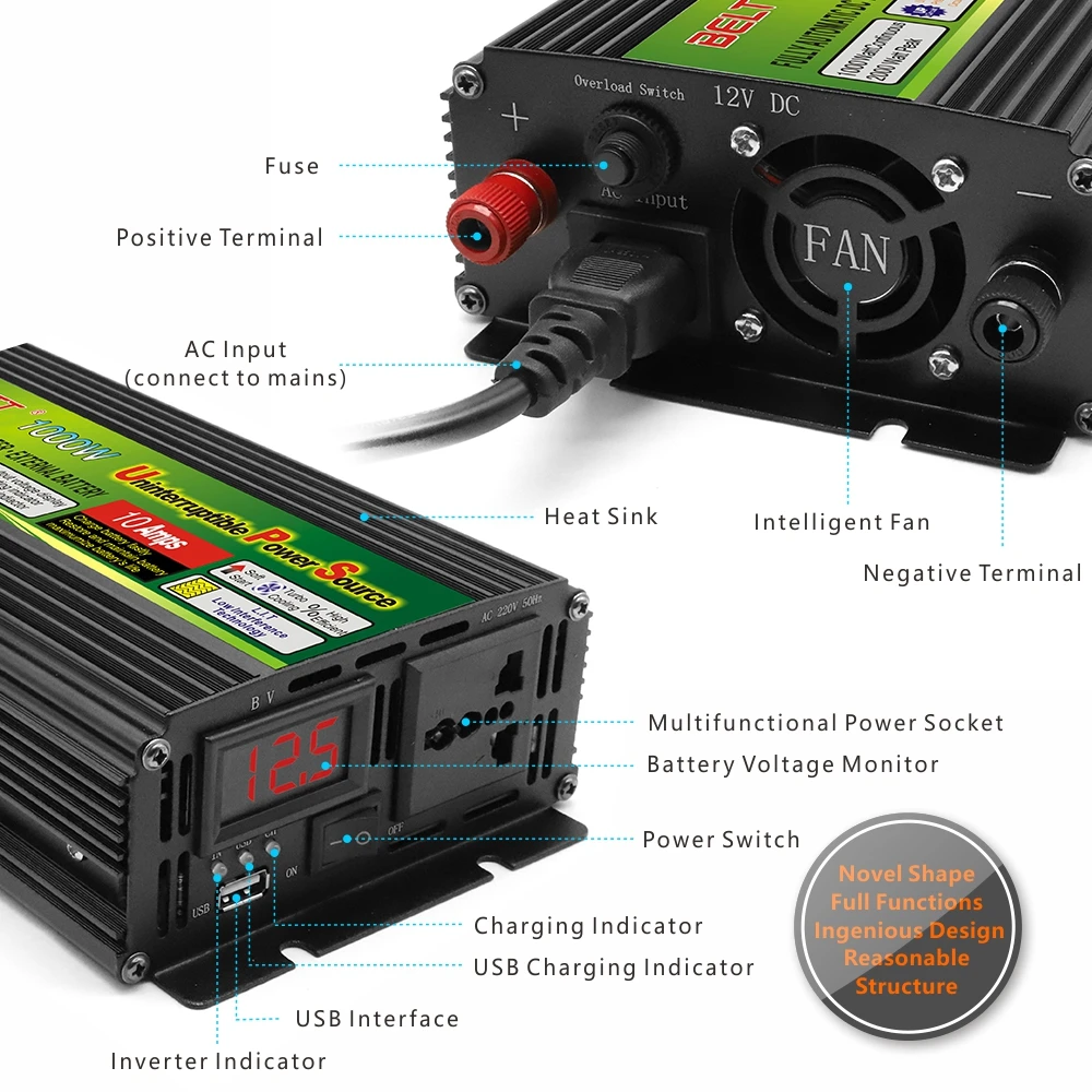 UPS Power Inverter 350W 500W 1000W Continuous Power DC 12V AC 220V Inverter Charger Converter Three-Phase Charging Car Inverter