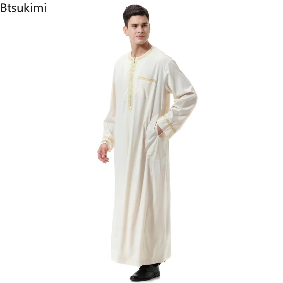 Baju Muslim pria, Muslim Abaya Jubba Thobe cetak ritsleting Kimono lengan panjang warna Solid kasual Pakistan Islam pakaian kancing saku