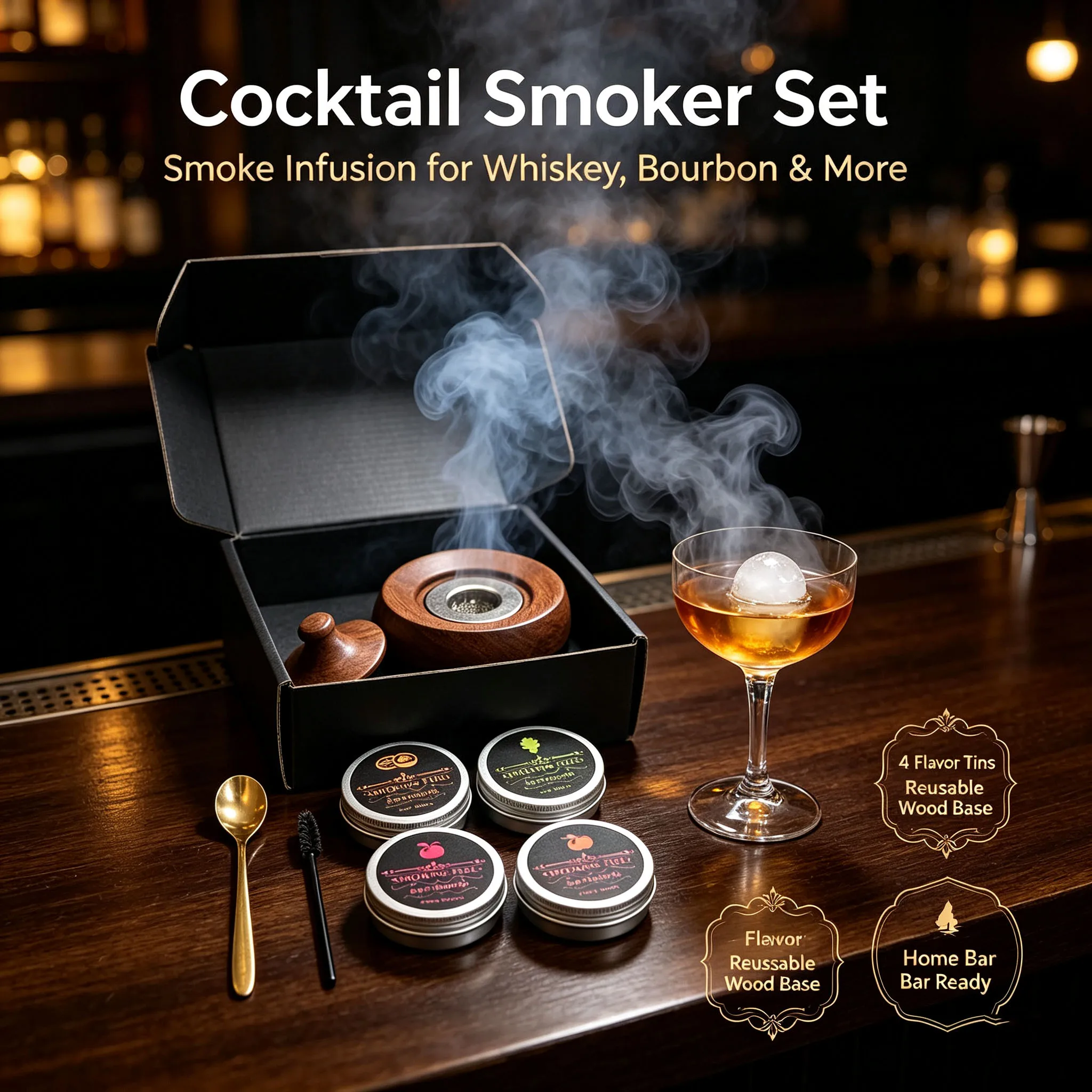 New Model Cocktail Smoking Kit 4/6 Flavors Wood Chips Old Fashioned Drink Smoker Infuser Premium Home Bar Kitchen Gift For Men