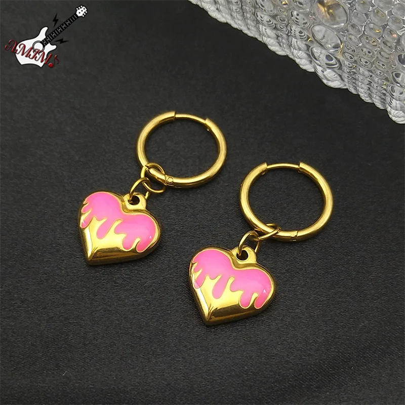

Trendy Y2K Pink Heart Pendant Hoop Earrings For Women Stainless Steel Gold Color Enamel Party Girl Earrings Jewelry EZZZ1006S06