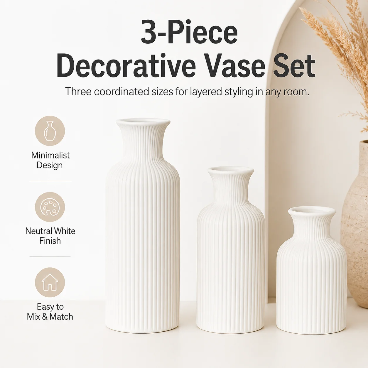 White Ceramic Vase Set of 3, Flower Vase Room Decor, Farmhouse Decor, Vases for Office&Shelf Centerpiece Table Decorations