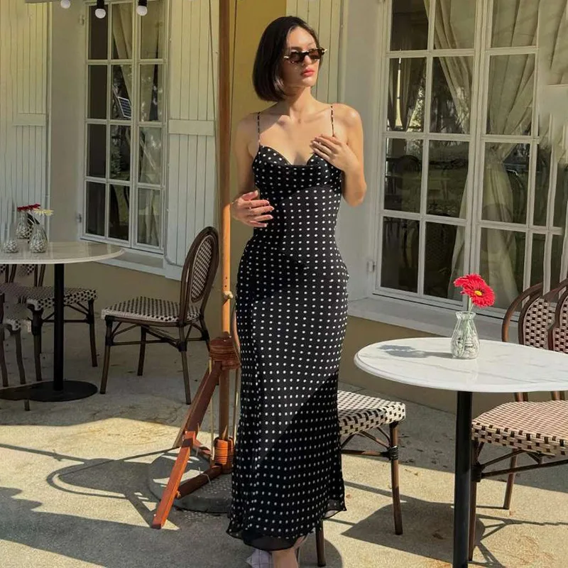 

2025 summer new sexy V-neck large backless French mesh polka dot lace-up dress for women's club clothing Vestidos