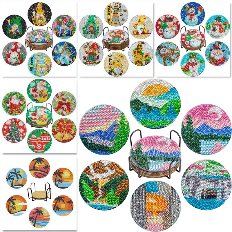 

6/8PCS Christmas element combination pattern diamond painting DIY coaster set with holder - suitable for both adults and kids