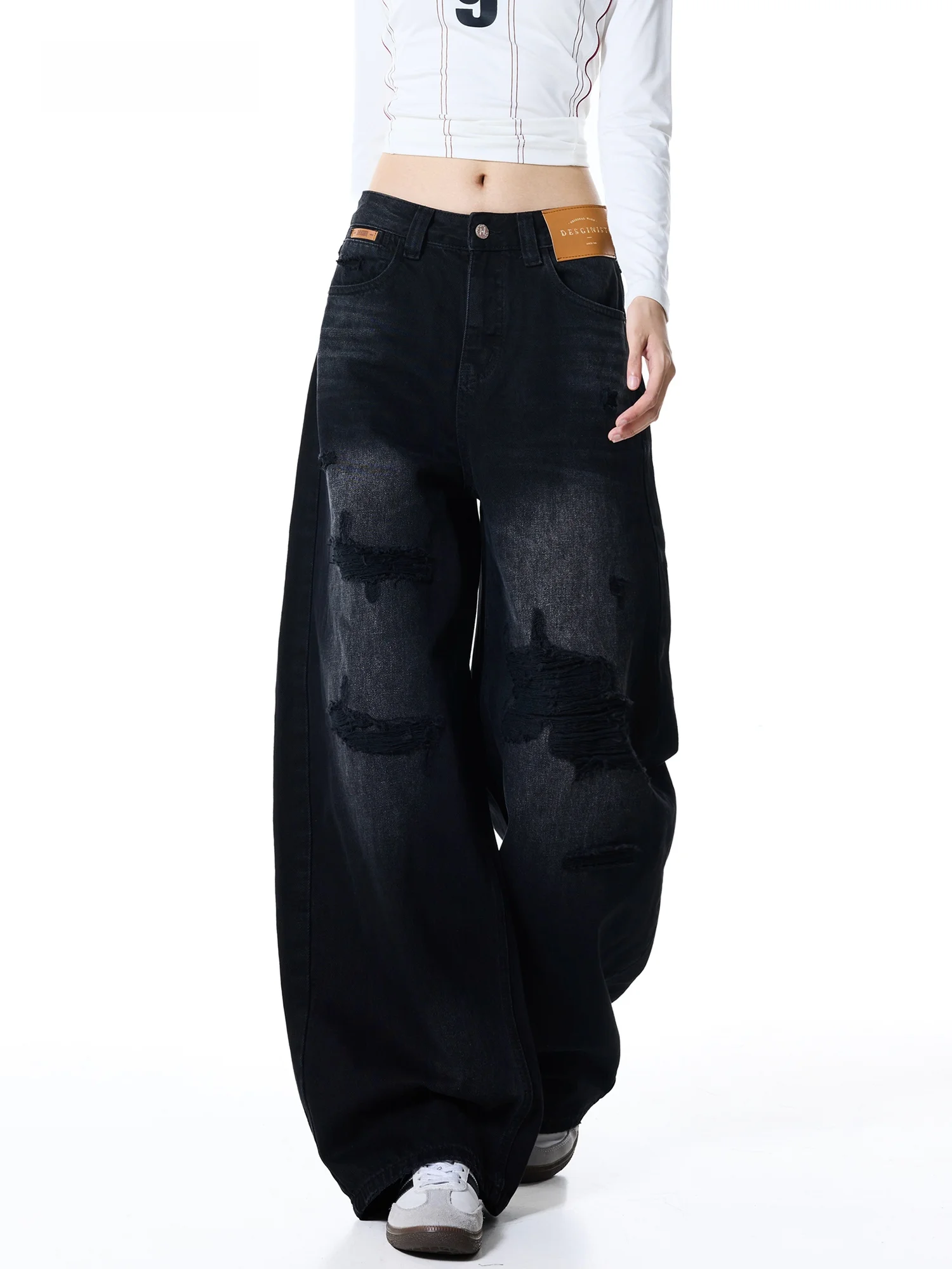 Retro Distressed Wide Leg Jeans Women Loose Slim High Waist Long Pants Trendy Knife  Design Comfortable Breathable Denim