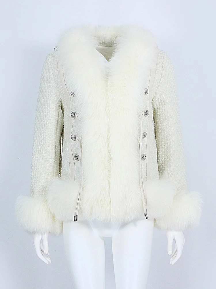 

MENINA BONITA 2022 Real Fur Coat Winter Jacket Women Natural Fox Fur Weave Knit Buttons Blended Casual V-neck Thick Warm Tweed