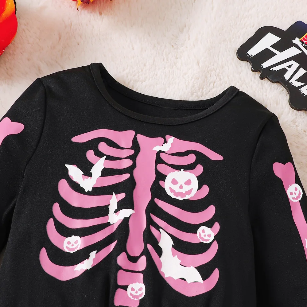 2026 Mädchen-Halloween-Kleid Herbst-Winter-Outfits Gestricktes Rundhals-Langarmkleid mit Rüschen für Partys und Versammlungen Kinderkostüm – Detail 7