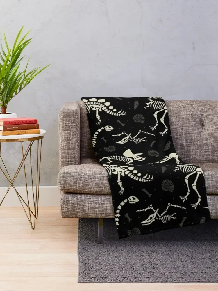 Dinosaur Fossils in Black Throw Blanket wednesday Custom sofa bed Winter beds Blankets