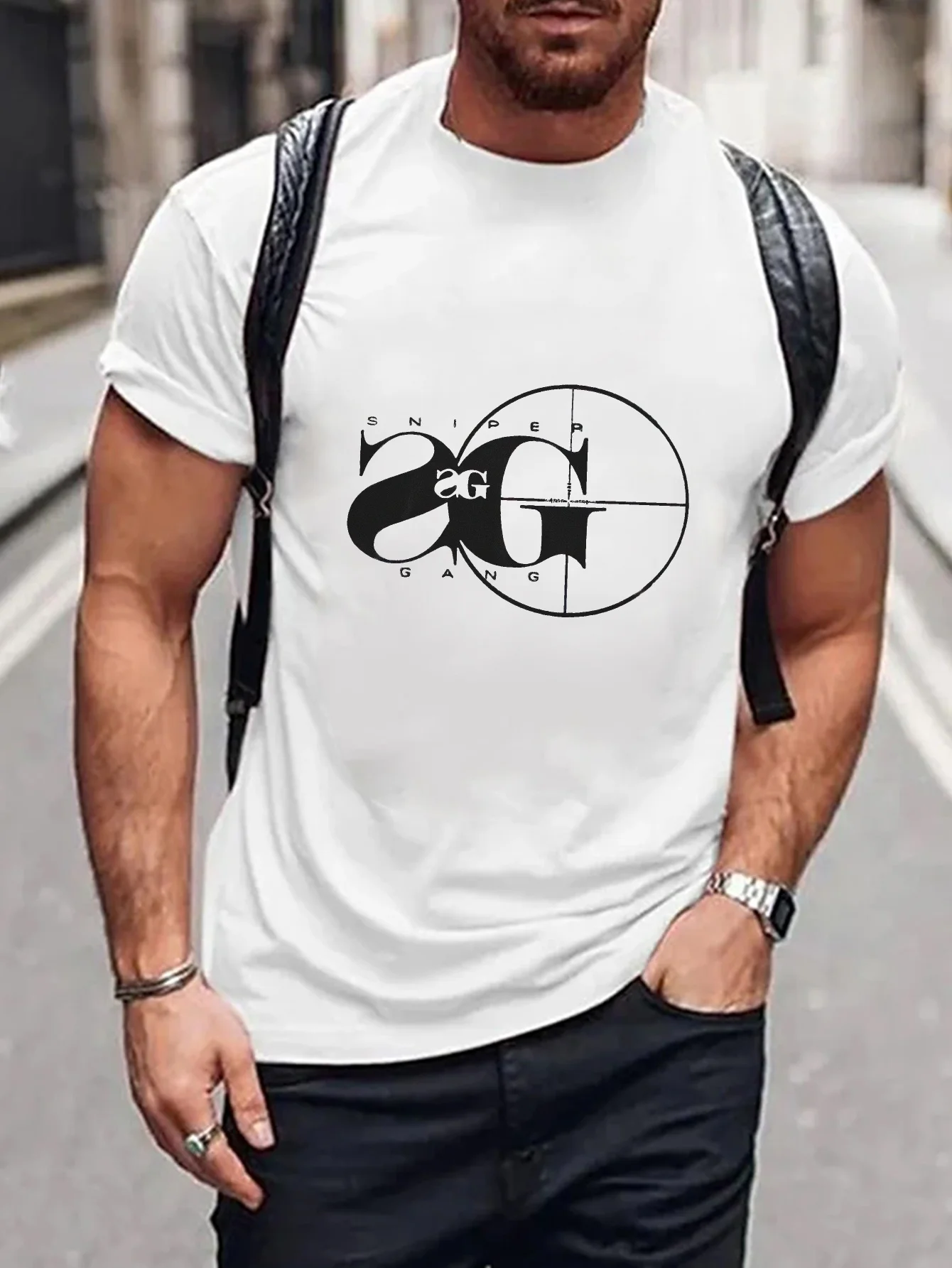 T-shirt Slogan Sniper Gang Print pour homme, manches courtes, style de rue américain, carillon, décontracté, col rond, t-shirt pour homme à Sprin