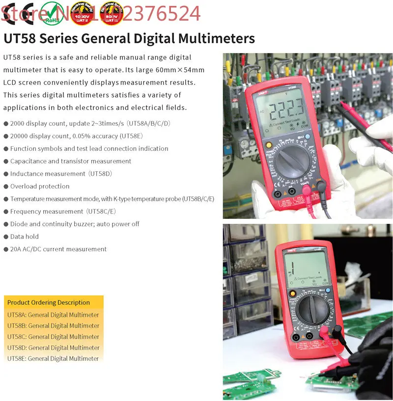 UNI-T UT58A Frequency Tester Volt Amp Ohm Temp Resistance Capacitance Tester LCD Digital Multimeter