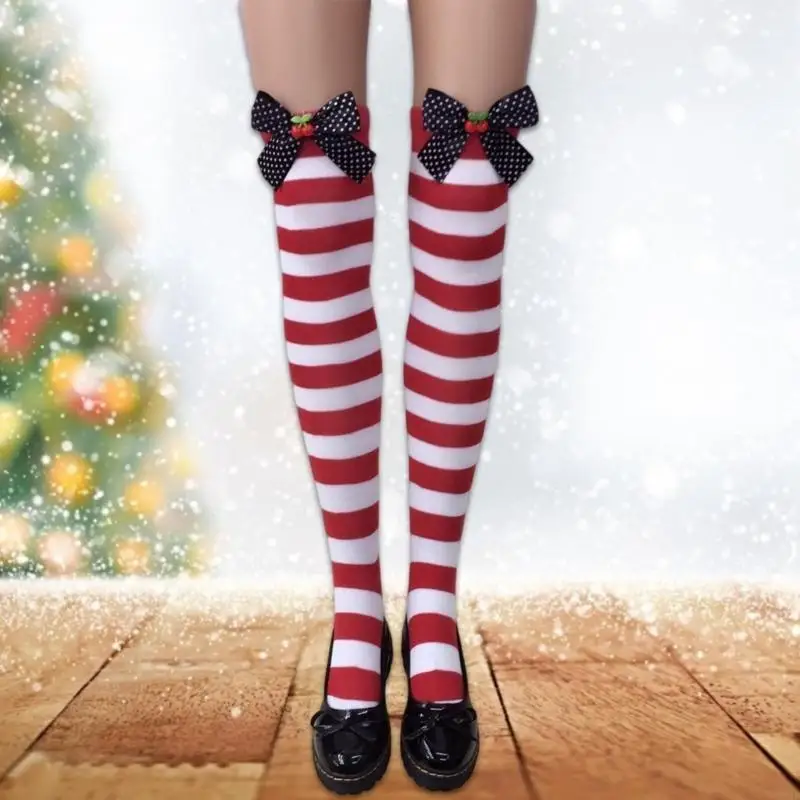 195E Sweet Bowknot Striped Over Knee Socks for Women Christmas Festivals Thigh High Long Tube Stockings Holiday Party Gift