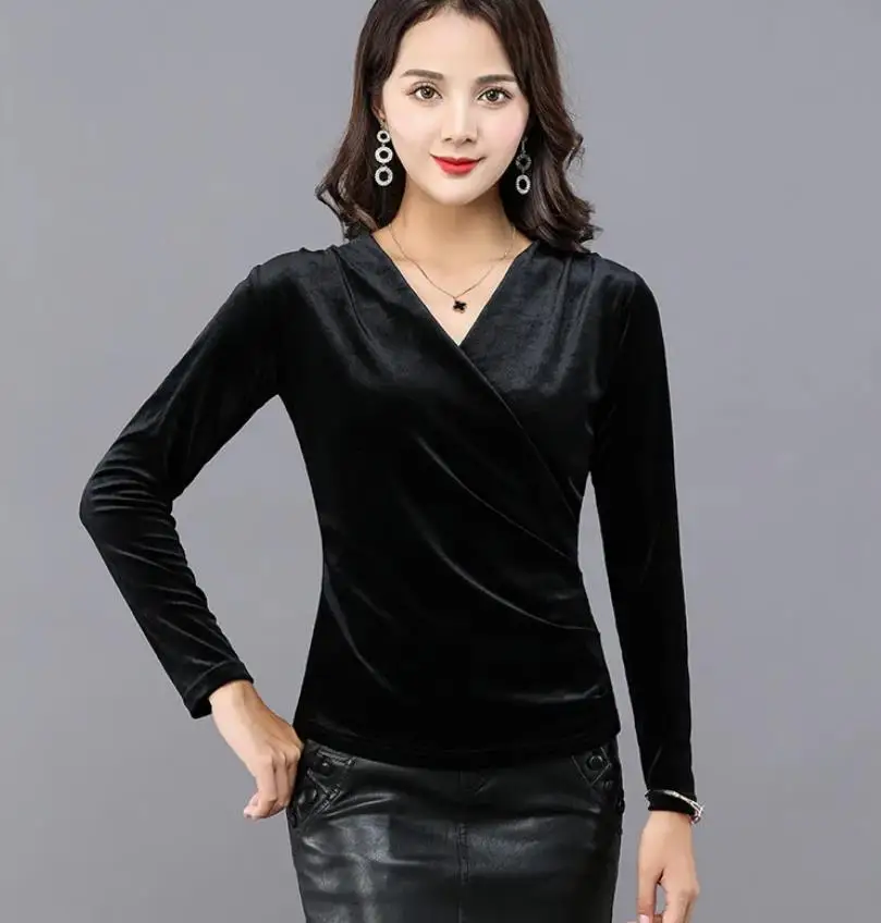 Blusa de oficina sexy de manga larga con cuello en V para mujer, estilo coreano, top morado de terciopelo, primavera-otoño, nueva, tallas grandes